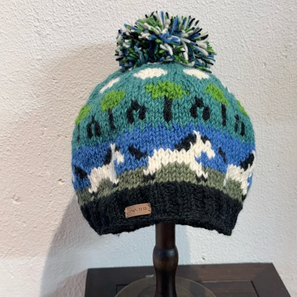 Handmade in Nepal Running Pony 100% Wool Pom-Pom Beanie with liner for Adult